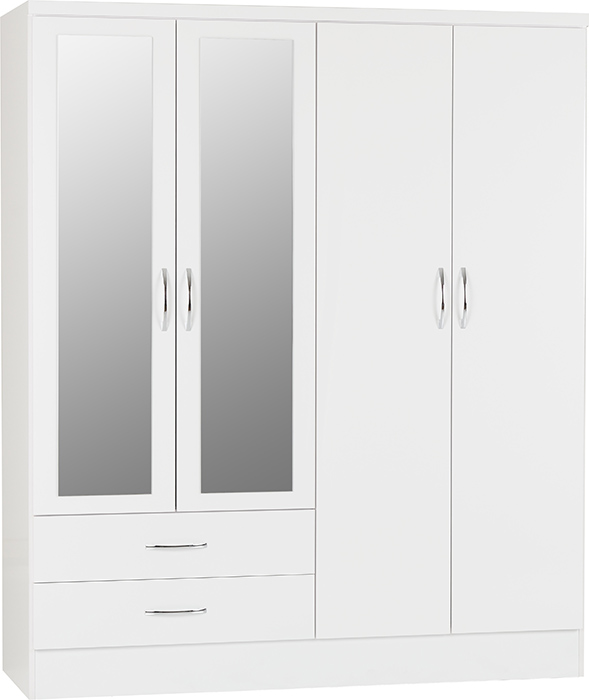 Nevada 4 Door 2 Drawer Mirrored Wardrobe In White Gloss - Click Image to Close